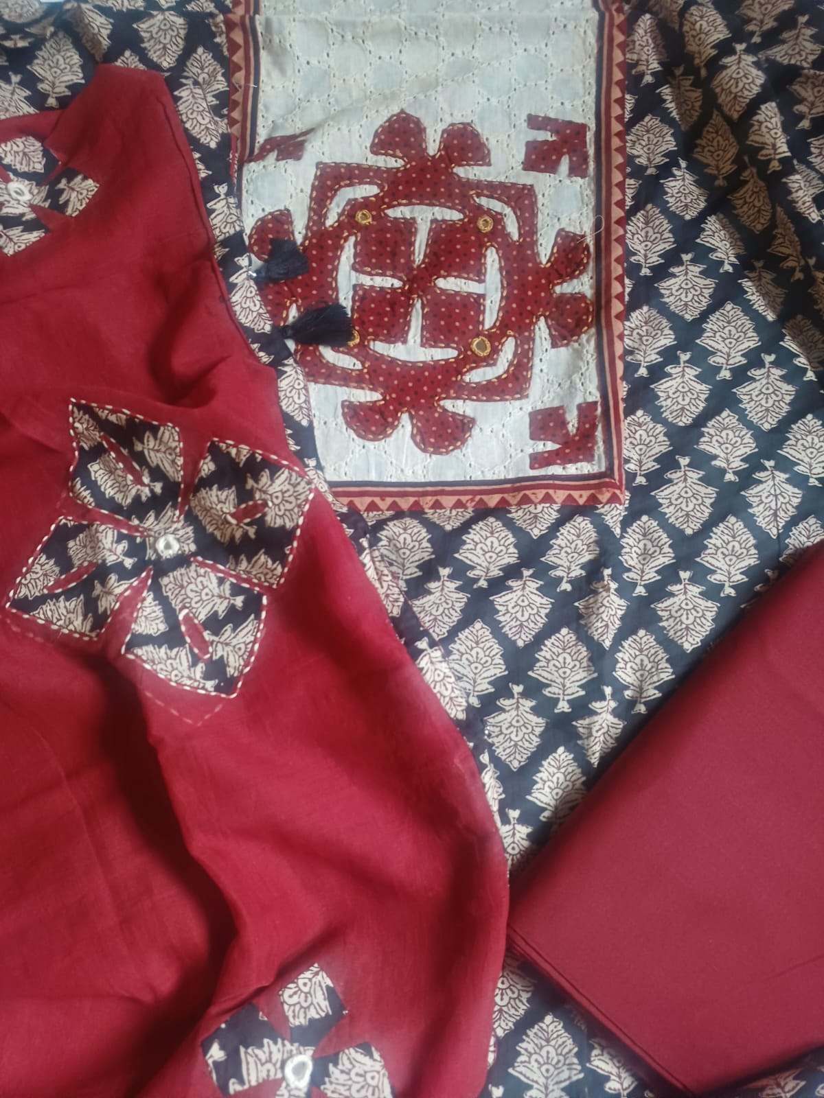 Pure cotton salwar suit with aplique work on the yoke and dupatta