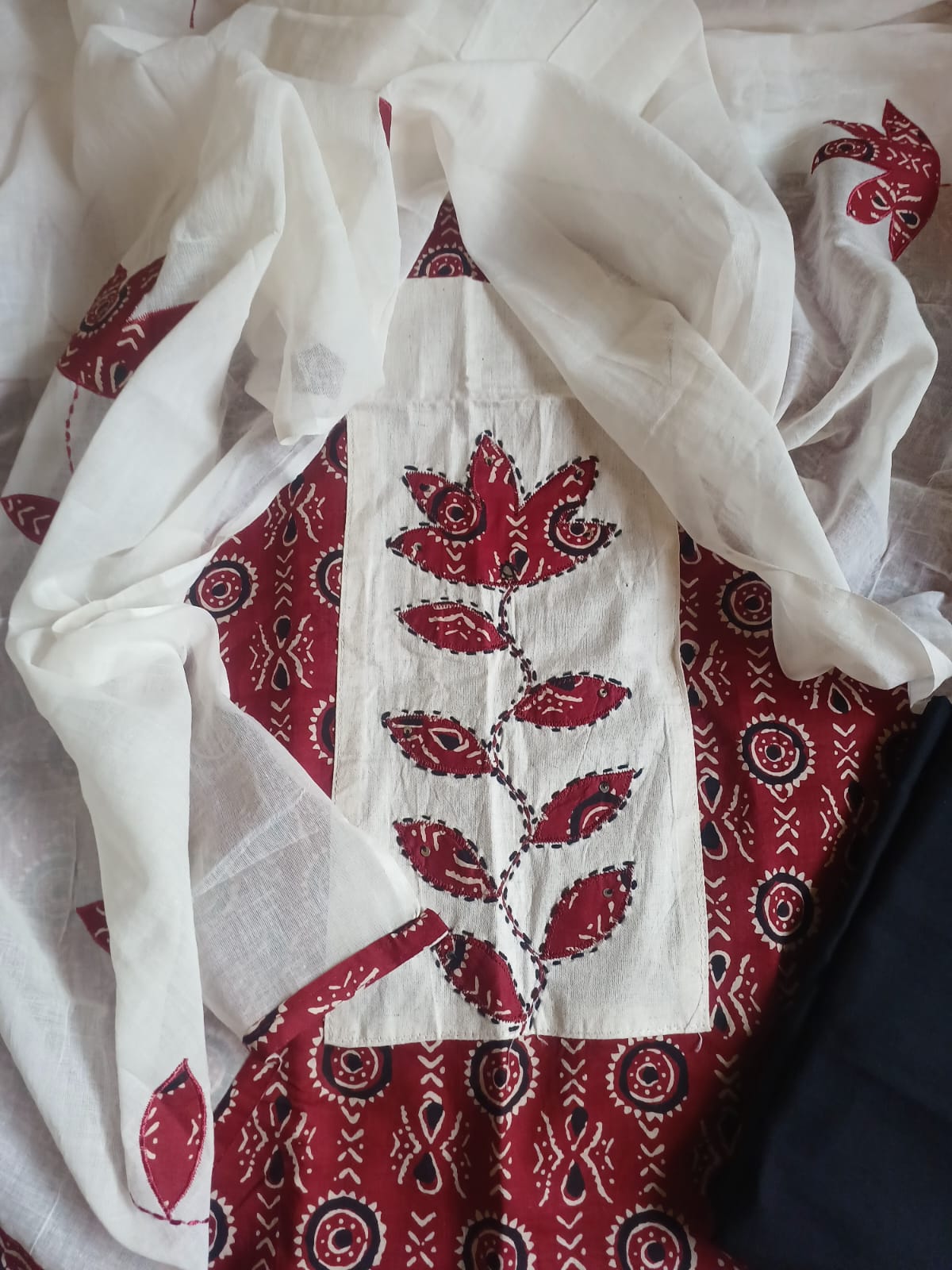 Pure cotton salwar suit with applique work on the yoke and dupatta